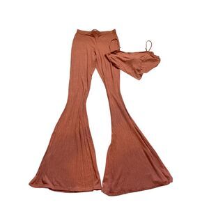 Amable Rust Ribbed Tie Back Crop Top Flare Pants Two-Piece Set Size Medium